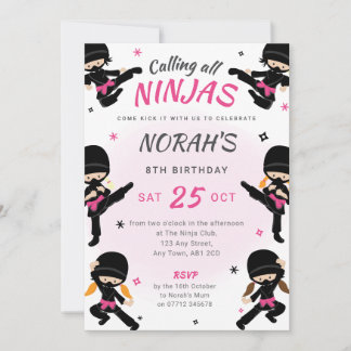 Pink Ninja Birthday Invite - Girls Karate Party 招待状