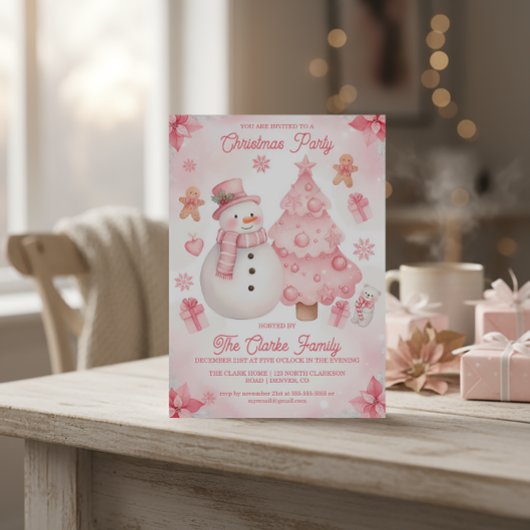 Pink Nontraditional Snowman Tree Christmas Party 招待状
