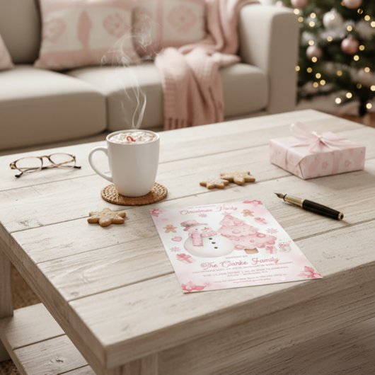 Pink Nontraditional Snowman Tree Christmas Party 招待状