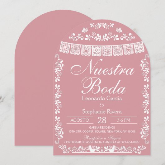 Pink Nuestra Boda Papel Picado Spanish Wedding 招待状 (正面/裏面)