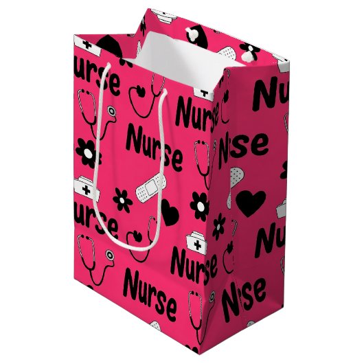 Pink Nurse Life Seamless Pattern (2) ミディアムペーパーバッグ (正面アングル)