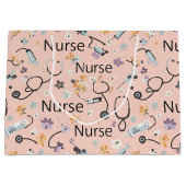 Pink Nurse Life Seamless Pattern (3) ラージペーパーバッグ (正面)