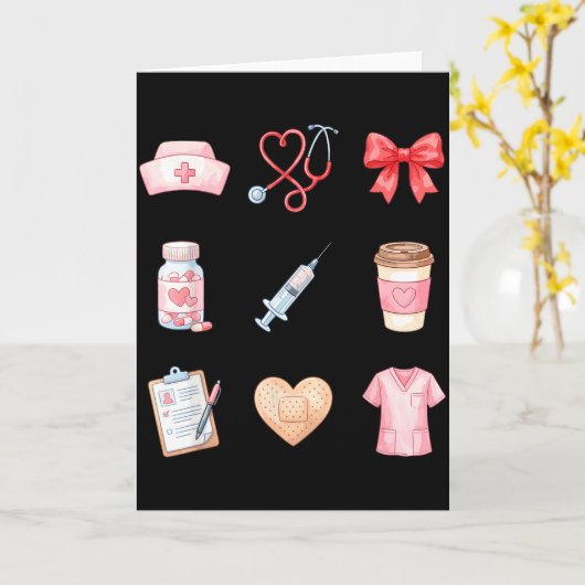 Pink Nurse Valentine Stethoscope Scrubs Heart Medi カード (黄色い花)