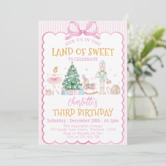 Pink Nutcracker Christmas Land Of Sweet Birthday 招待状 (スタンド正面)