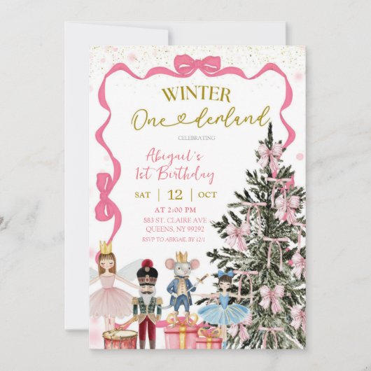 Pink Nutcracker Christmas Onederland Birthday 招待状 (正面)