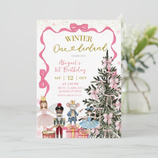 Pink Nutcracker Christmas Onederland Birthday 招待状 (スタンド正面)