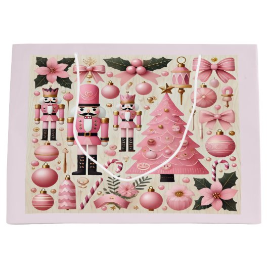 Pink Nutcracker Christmas Tree Gift Bag ラージペーパーバッグ (正面)