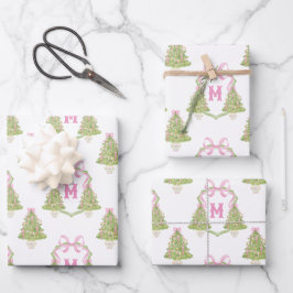 Pink Nutcracker Christmas Tree Monogram Crest ラッピングペーパーシート