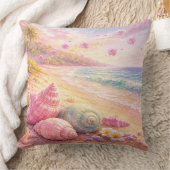 Pink Ocean Beach Shells Flowers Fantasy Landscape クッション (ブランケット)