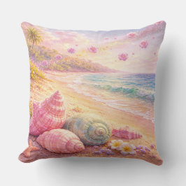 Pink Ocean Beach Shells Flowers Fantasy Landscape クッション