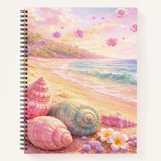 Pink Ocean Beach Shells Flowers Fantasy Landscape ノートブック (正面)