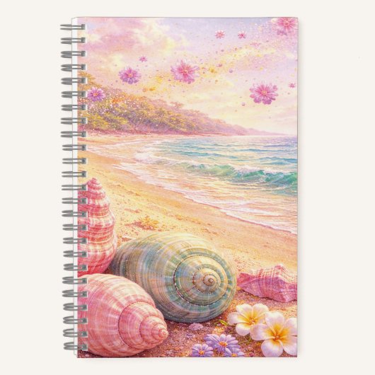 Pink Ocean Beach Shells Flowers Fantasy Landscape ノートブック (正面)