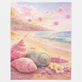 Pink Ocean Beach Shells Flowers Fantasy Landscape フリースブランケット
