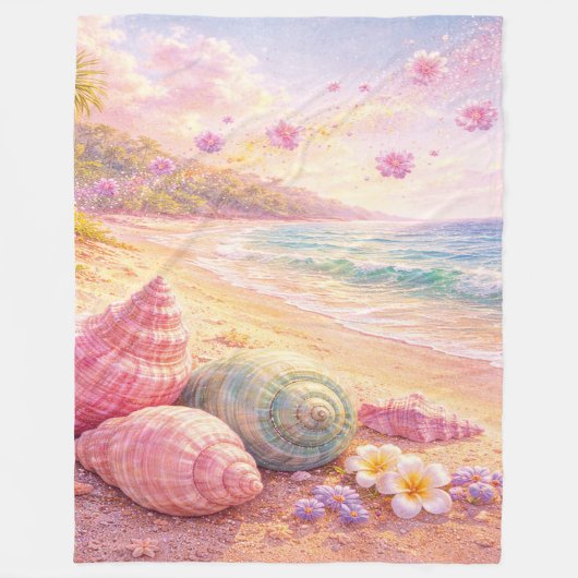 Pink Ocean Beach Shells Flowers Fantasy Landscape フリースブランケット (正面)