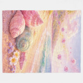 Pink Ocean Beach Shells Flowers Fantasy Landscape フリースブランケット (正面(横))