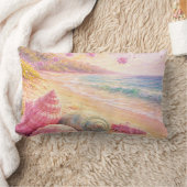 Pink Ocean Beach Shells Flowers Fantasy Landscape ランバークッション (ブランケット)