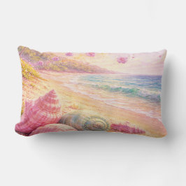 Pink Ocean Beach Shells Flowers Fantasy Landscape ランバークッション