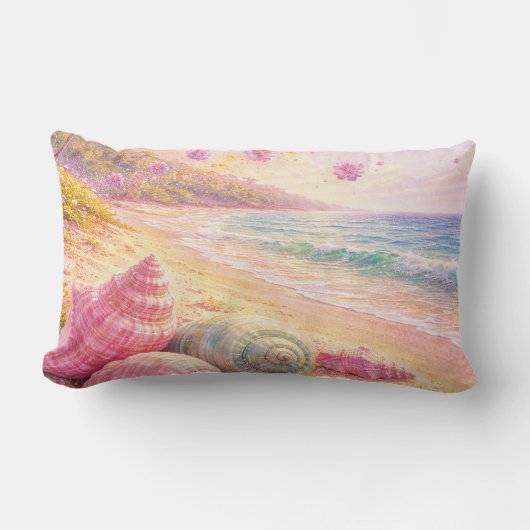 Pink Ocean Beach Shells Flowers Fantasy Landscape ランバークッション (正面)