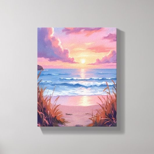Pink Ocean Sunset Beach Watercolor Painting キャンバスプリント (正面)