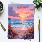 Pink Ocean Sunset Beach Watercolor Painting Card