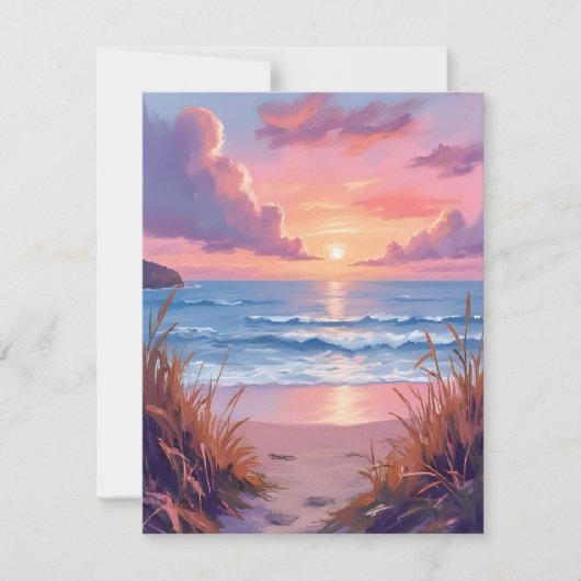 Pink Ocean Sunset Beach Watercolor Painting Card (正面)