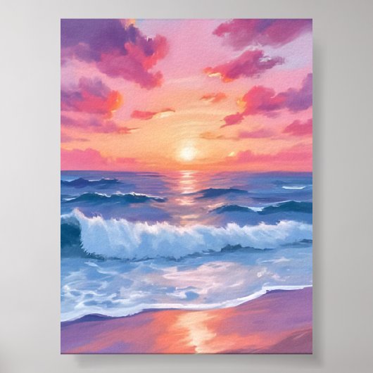 Pink Ocean Waves Sunset Watercolor ポスター (正面)
