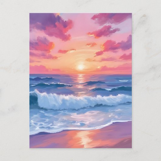 Pink Ocean Waves Sunset Watercolor ポストカード (正面)