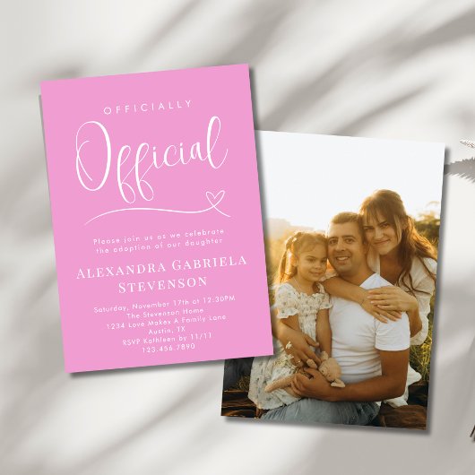 Pink Officially Official Adoption Day Party Photo 招待状