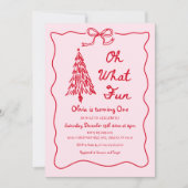 Pink Oh What Fun Holiday Girl 1st Birthday Party 招待状 (正面)