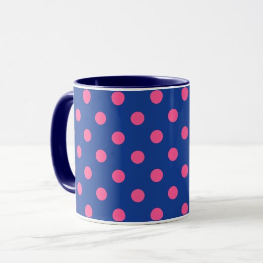 Pink On Blue Polka Dots Pattern Design マグカップ (正面左)