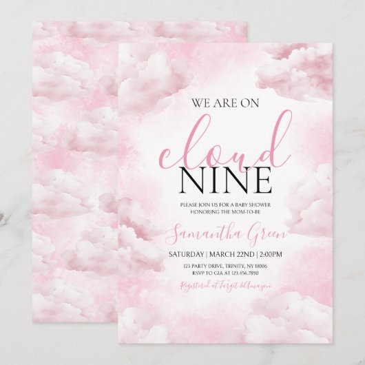 Pink On Cloud 9ベビーシャワー 招待状 (正面/裏面)