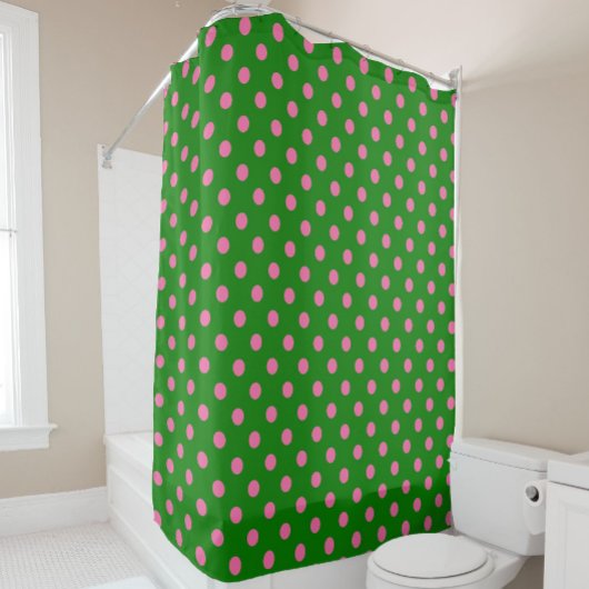 Pink On Green Polka Dots Pattern Design シャワーカーテン