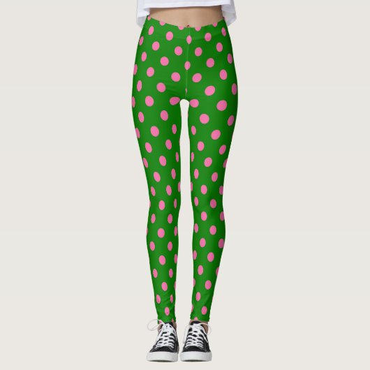 Pink On Green Polka Dots Pattern Design  レギンス (正面)