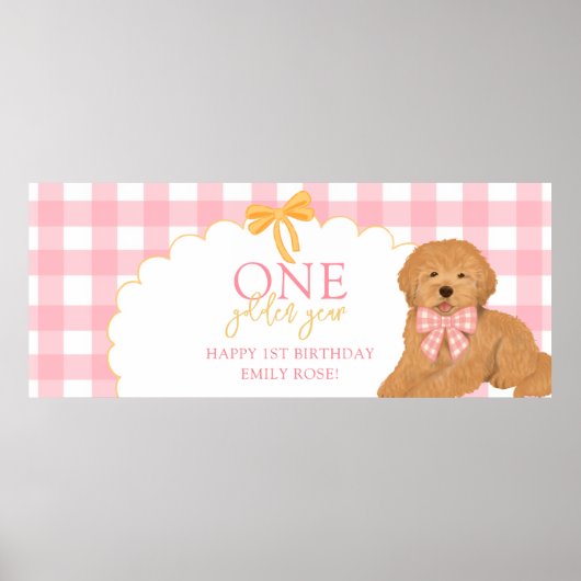 Pink One Golden Year Doodle Puppy 1st Birthday ポスター (正面)