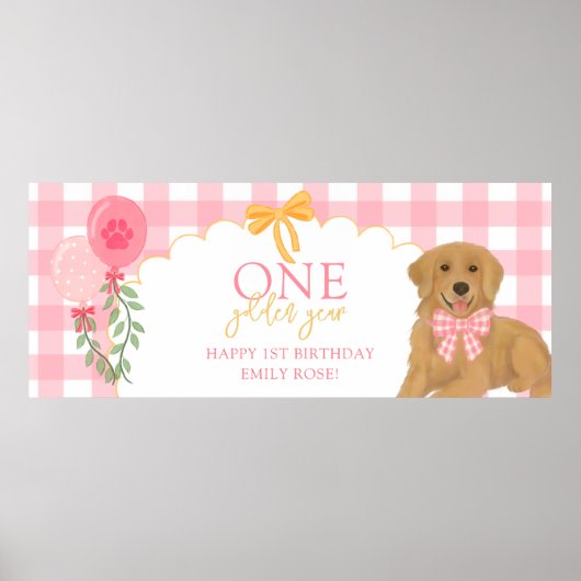 Pink One Golden Year Retriever Puppy 1st Birthday ポスター (正面)