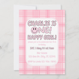 Pink One Happy Girl birthday Invitation 招待状