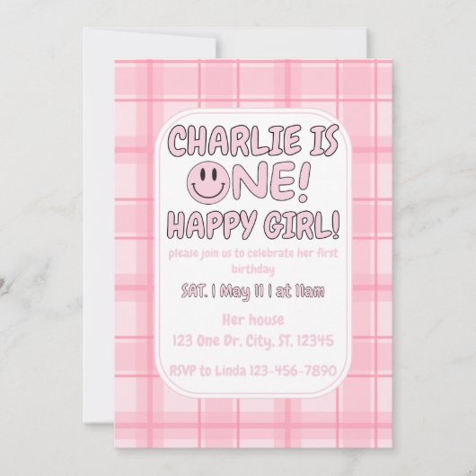 Pink One Happy Girl birthday Invitation 招待状 (正面)