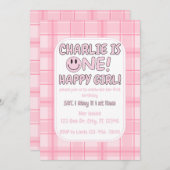 Pink One Happy Girl birthday Invitation 招待状 (正面/裏面)