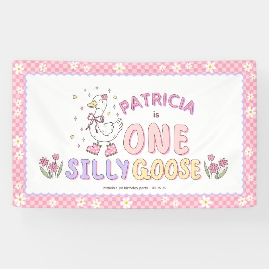 Pink One Silly Goose-Girl First Birthday Backdrop 横断幕 (横)