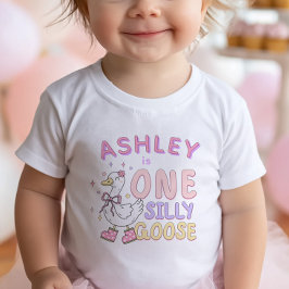 Pink One Silly Goose - Retro Girl First Birthday ベビーTシャツ