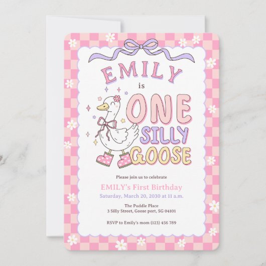 Pink One Silly Goose-Retro Girl First Birthday 招待状 (正面)