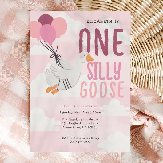 Pink One Silly Goose Whimsical 1st Birthday Party 招待状