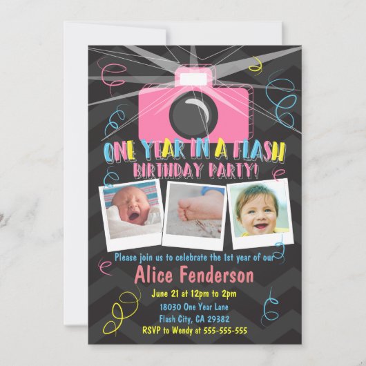 Pink One Year in a Flash First誕生日写真 招待状 (正面)