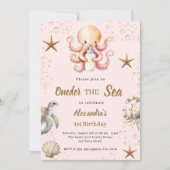 Pink oneder the sea ocean animal girl 1st Birthday 招待状 (正面)