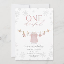 Pink ONEderful Winter First Birthday Invitation サンキューカード