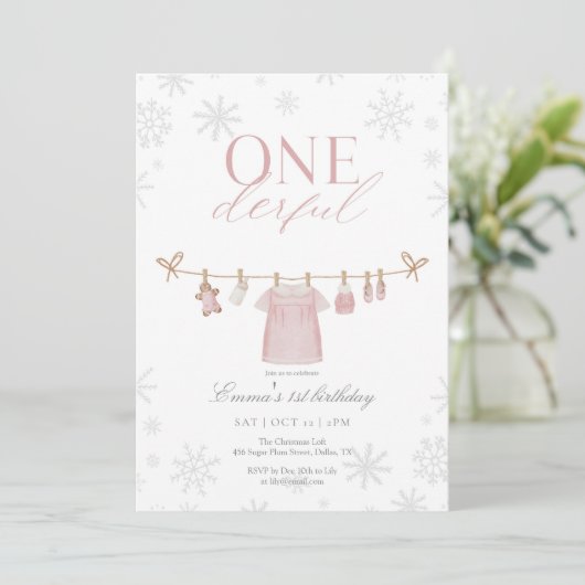 Pink ONEderful Winter First Birthday Invitation サンキューカード (スタンド正面)
