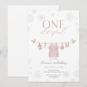 Pink ONEderful Winter First Birthday Invitation サンキューカード (正面/裏面)