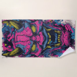Pink Oni Demon Mask – Japanese Graffiti Art ビーチタオル