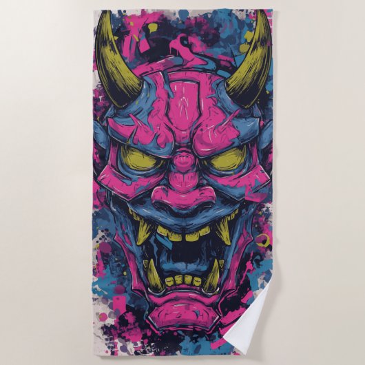 Pink Oni Demon Mask – Japanese Graffiti Art ビーチタオル (正面)