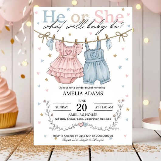 Pink or Blue Baby Clothes Gender Reveal Invitation 招待状